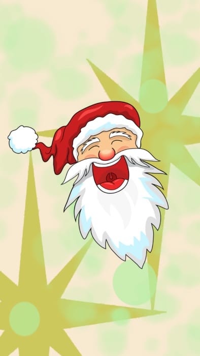 Rozosmiata kreslená hlava Santa Clausa na zelenom pozadí s hviezdami