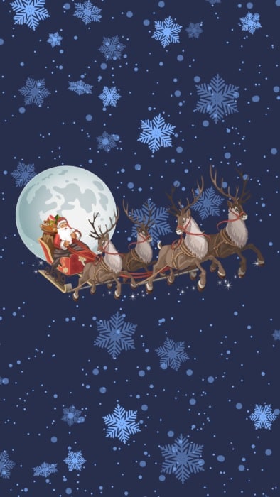 Santa sa soby letí pred mesiacom v splne na tmavomodrom nebi