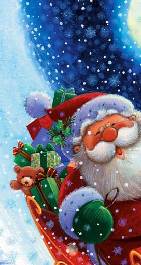 Kreslený Santa Claus rútiaci sa s darčekmi snehom