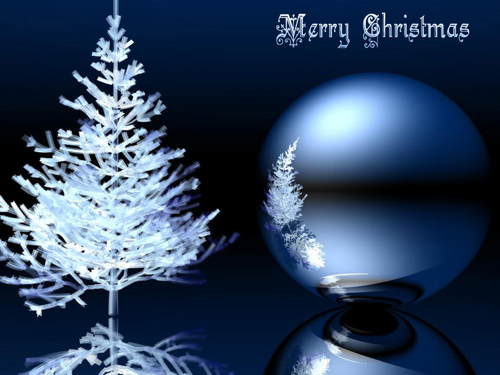 Modré vianočné obrázkové prianie s bielym ihličnatým stromčekom, veľkou guľou as nápisom Merry Christmas.