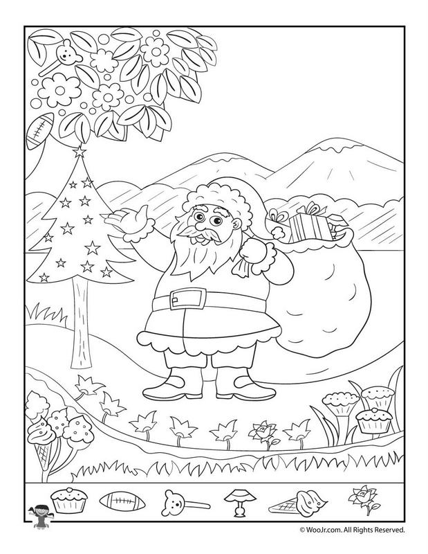 Čiernobiely obrázok Santy Clausa s darčekmi, v ktorom sú nakreslené ukryté predmety