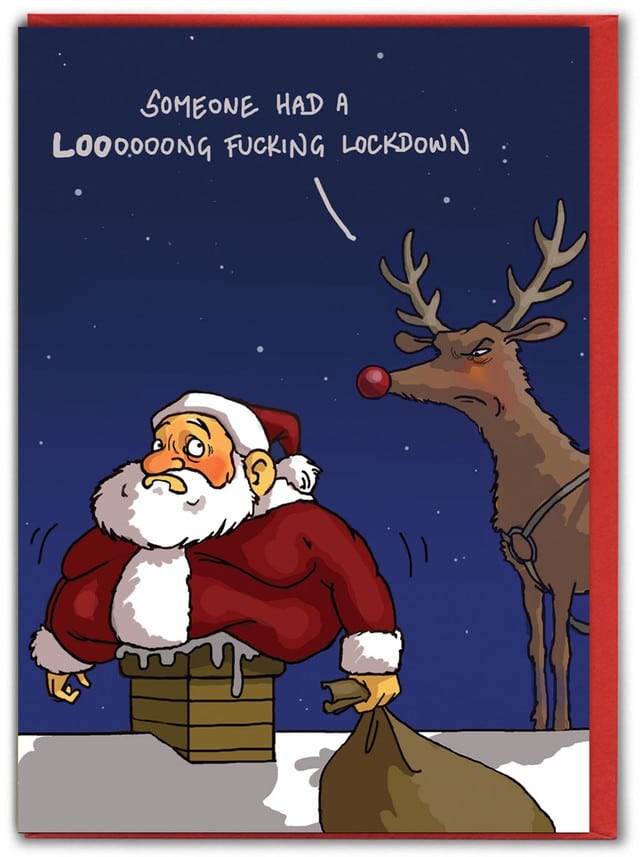 Vianočná vtipná pohľadnica so Santa Clausom a jeho sobom