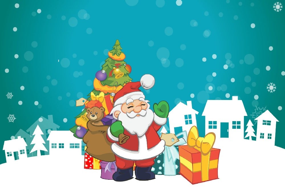 Vianočné pohľadnice so Santa Clausom, stromom a darčeky