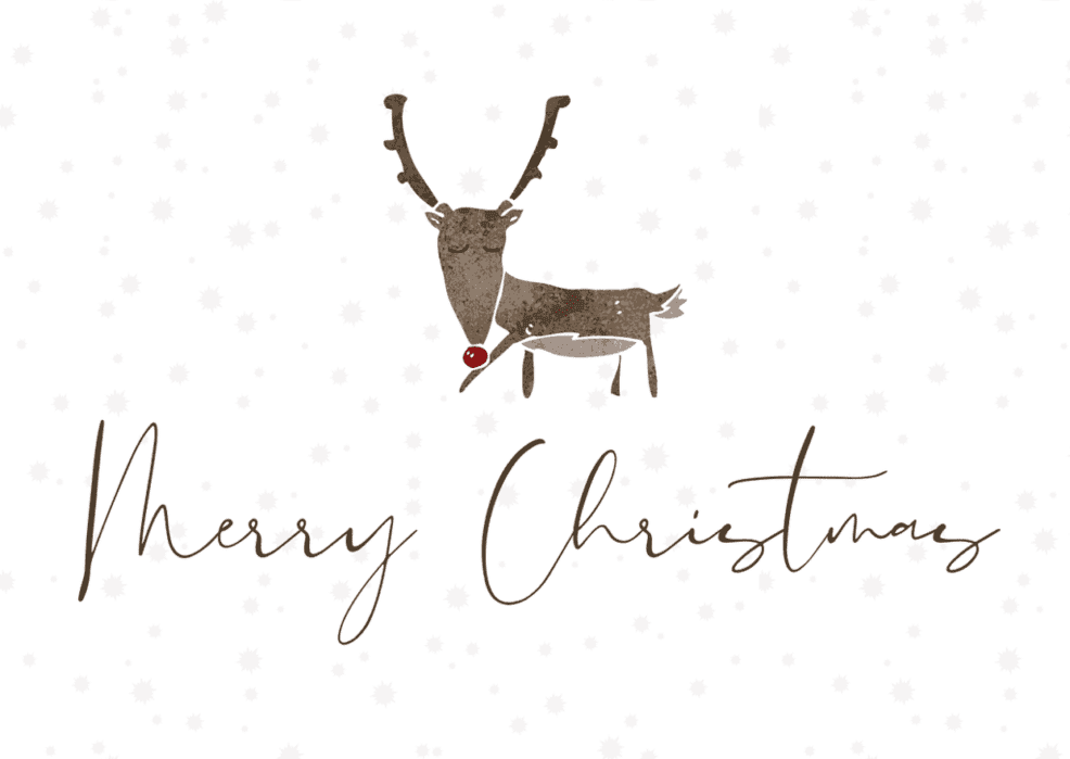 Vianočné prianie s nápisom Merry Christmas so sobom na bielom pozadí s vločkami