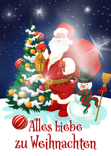 Santa Claus pri vianočnom stromčeku a snehuliaka so žiariacimi hviezdami s nemeckým prianím na Vianoce