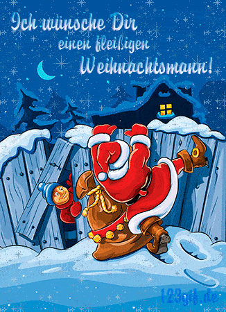 Santa Claus s vrecom ako sa snaží preliezť zasnežený drevený plot, doplnené nemeckým textom na Vianoce a padajúcim snehom