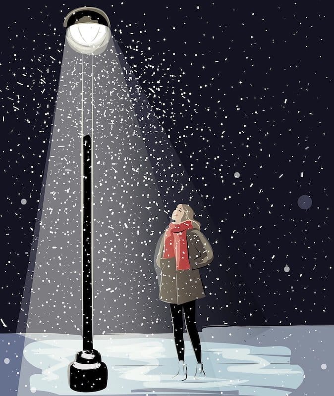 Žena stojí v chumelici pod lampou - ilustrácia.
